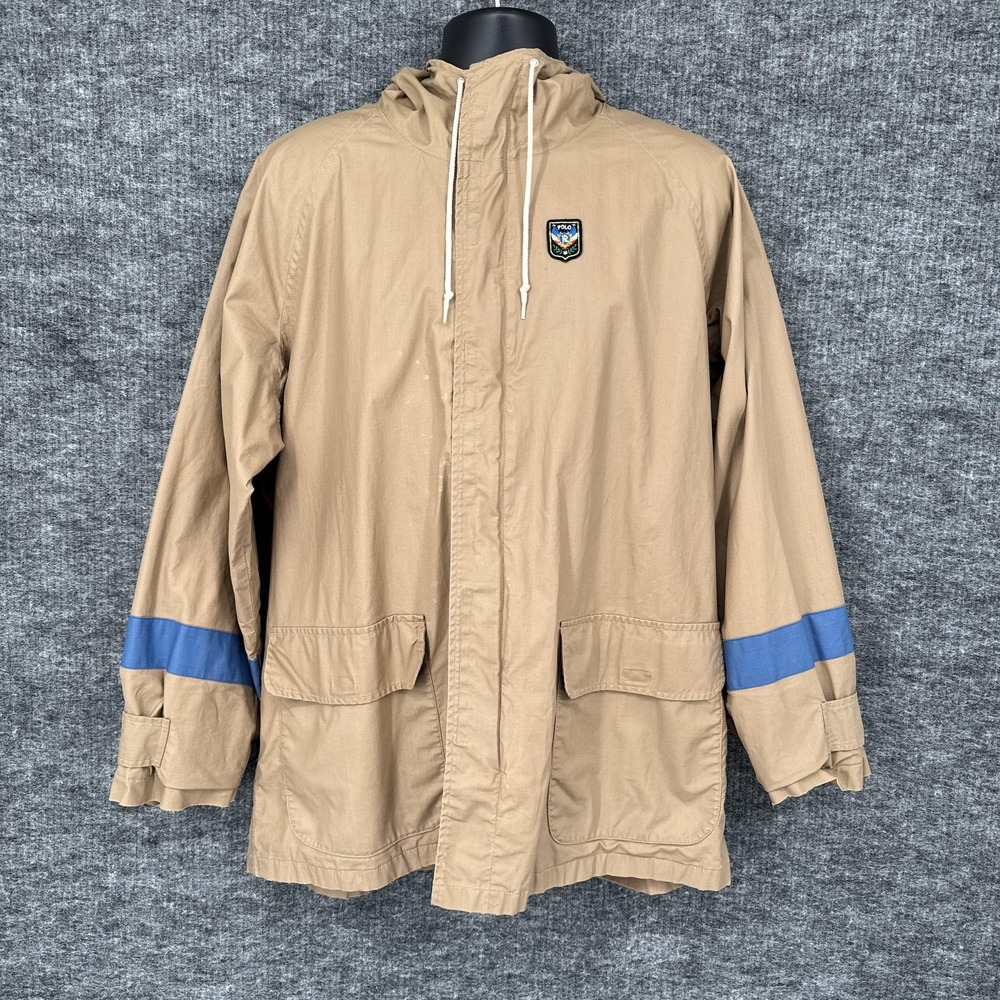Vintage Polo Ralph Lauren Jacket Mens L Beige Hooded Parka‎ UniCrest Blue Stripe